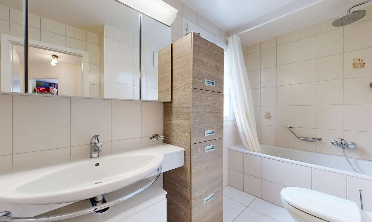 salle de bains avec tile wall, mur en carrelage, évier, miroir, et salle de bain complète