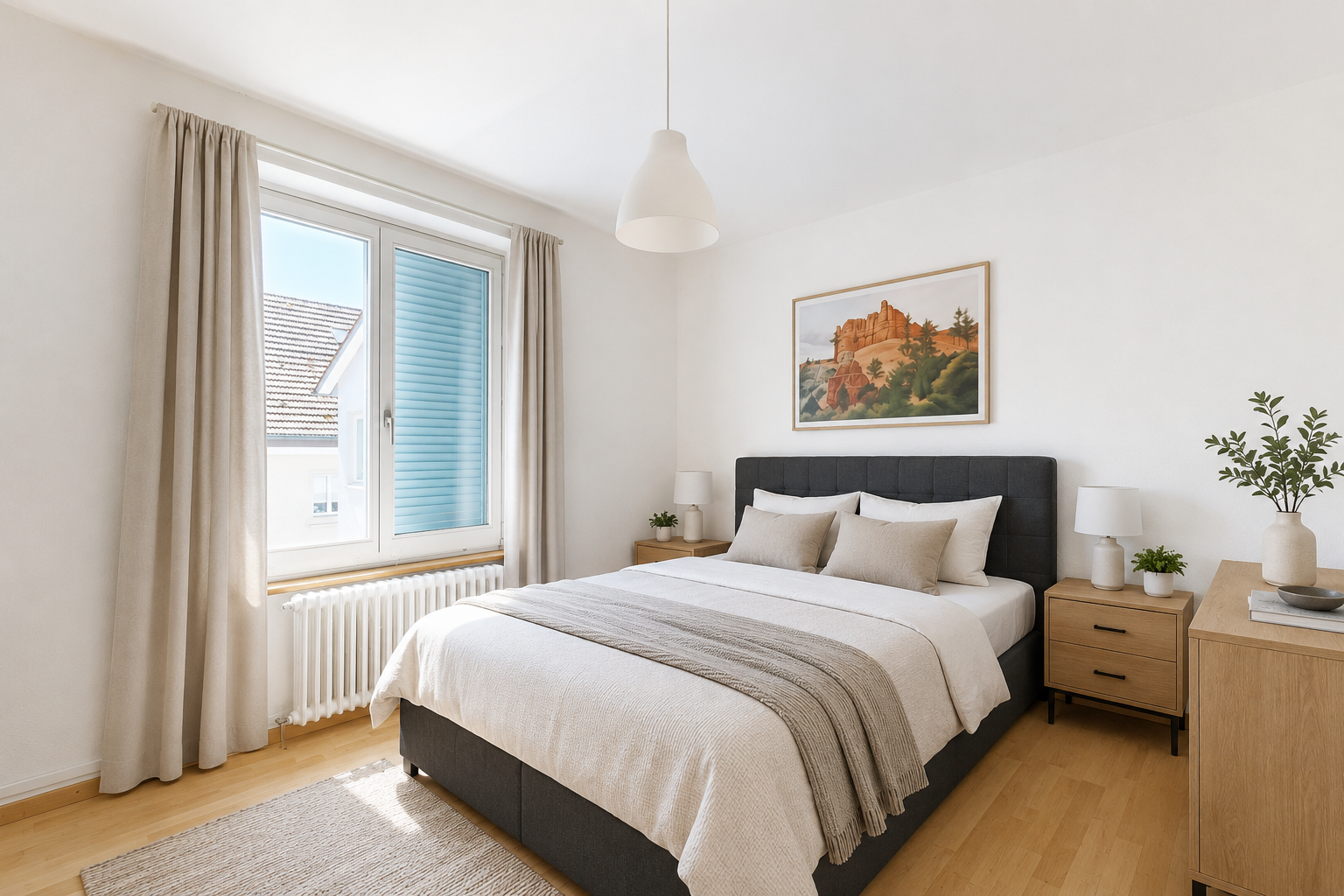 zimmer / schlafzimmer mit pendelleuchte, kühler, gipskartonwand, drywall, und holzfußboden