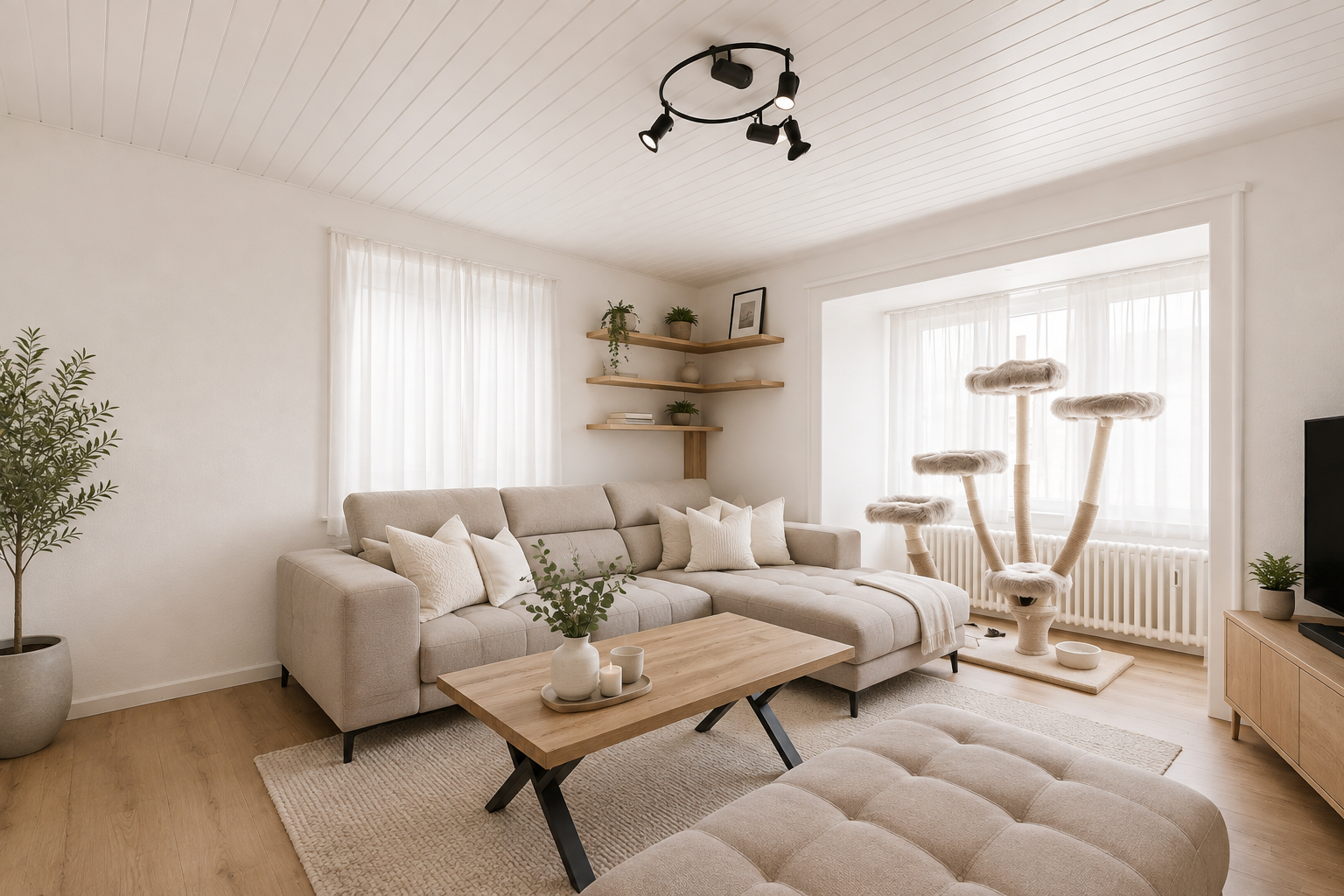 wohnzimmer mit gipskartonwand, drywall, holzfußboden, wood finish floor, und eingebaute regale