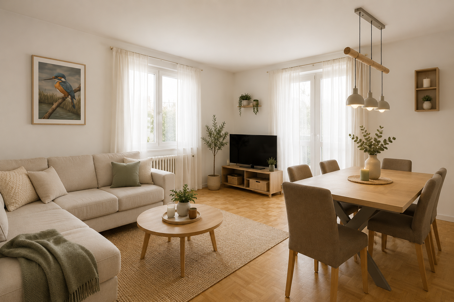 wohn- / esszimmer mit wood finish floor, holzfußboden, drywall, gipskartonwand, und fernseher