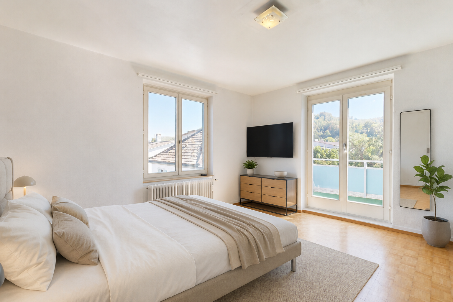 zimmer / schlafzimmer mit außenzugang, fernseher, drywall, gipskartonwand, und kühler