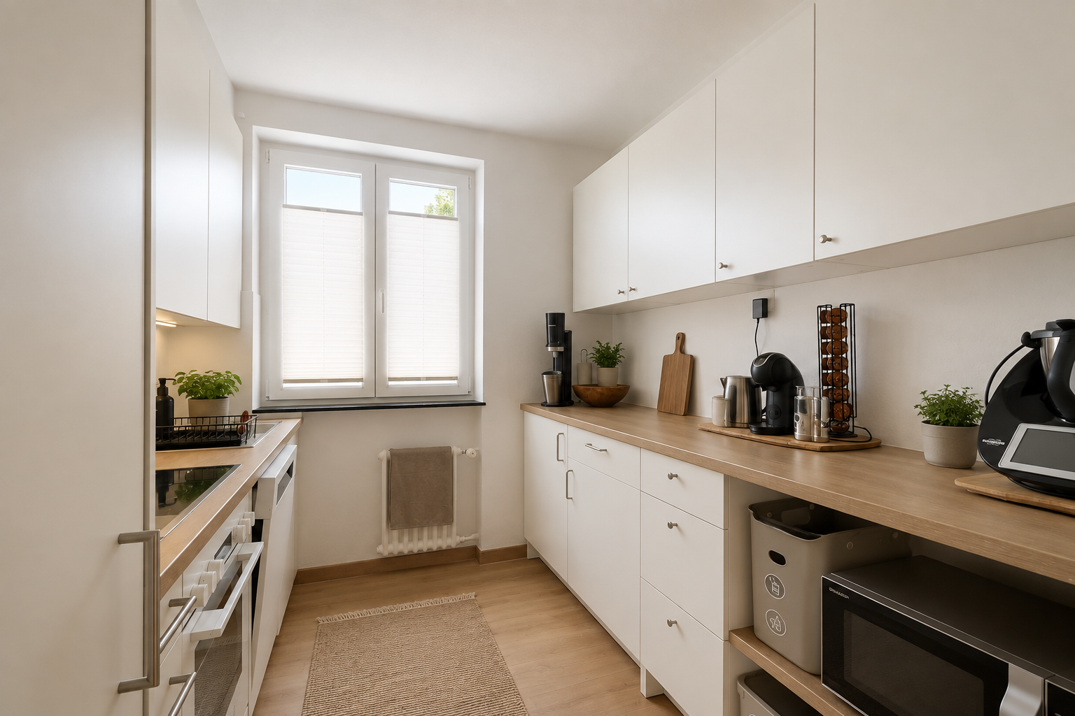 küche mit light countertops, mikrowelle, light floor, holzfußboden, und wood finish floor