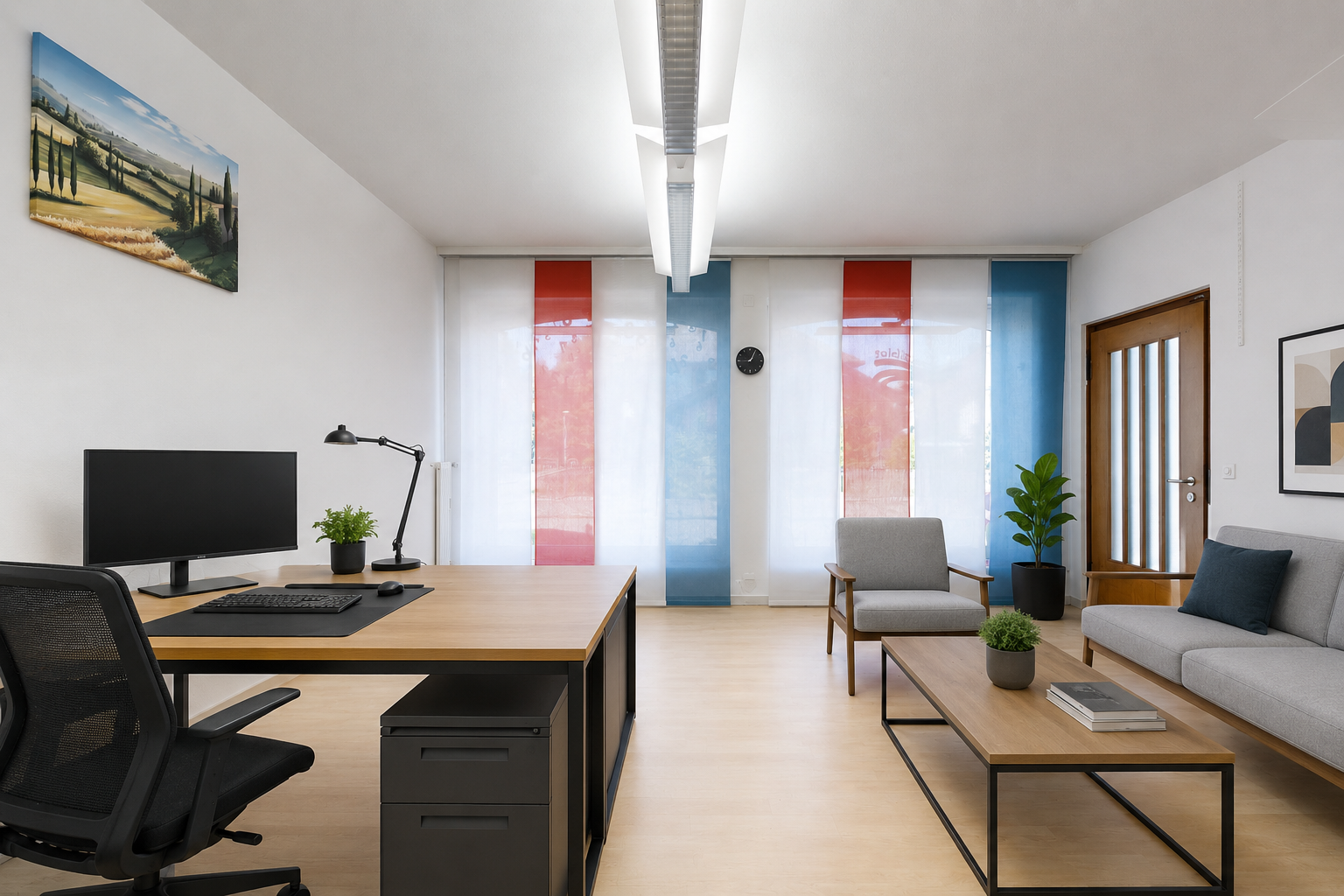 büro mit drywall, gipskartonwand, fernseher, virtually staged, und wood finish floor