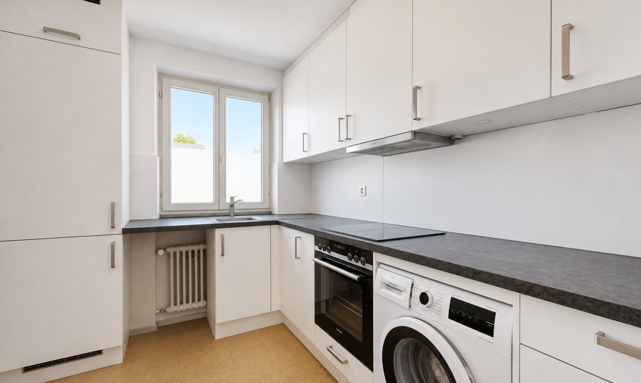 küche mit tumbler, dark countertops, arbeitsplatten, ofen, und light floor