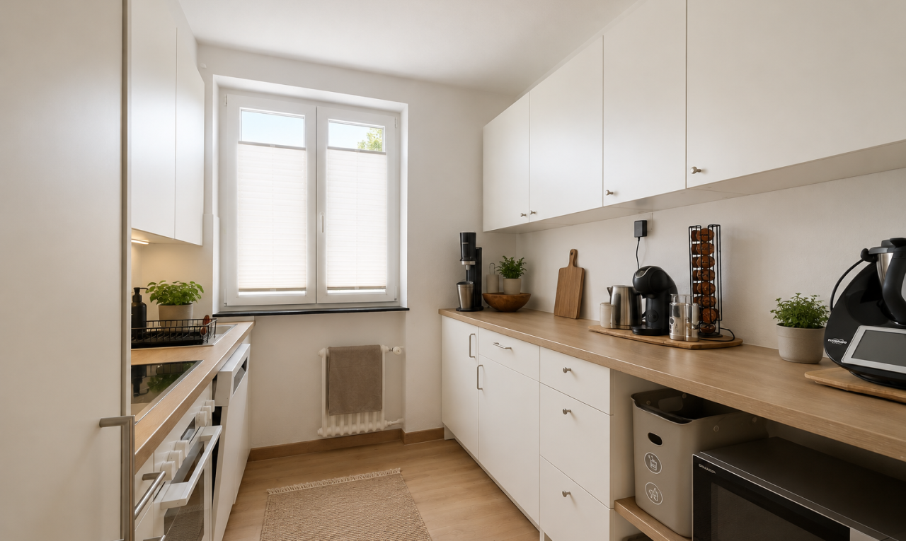 küche mit light countertops, mikrowelle, light floor, holzfußboden, und wood finish floor