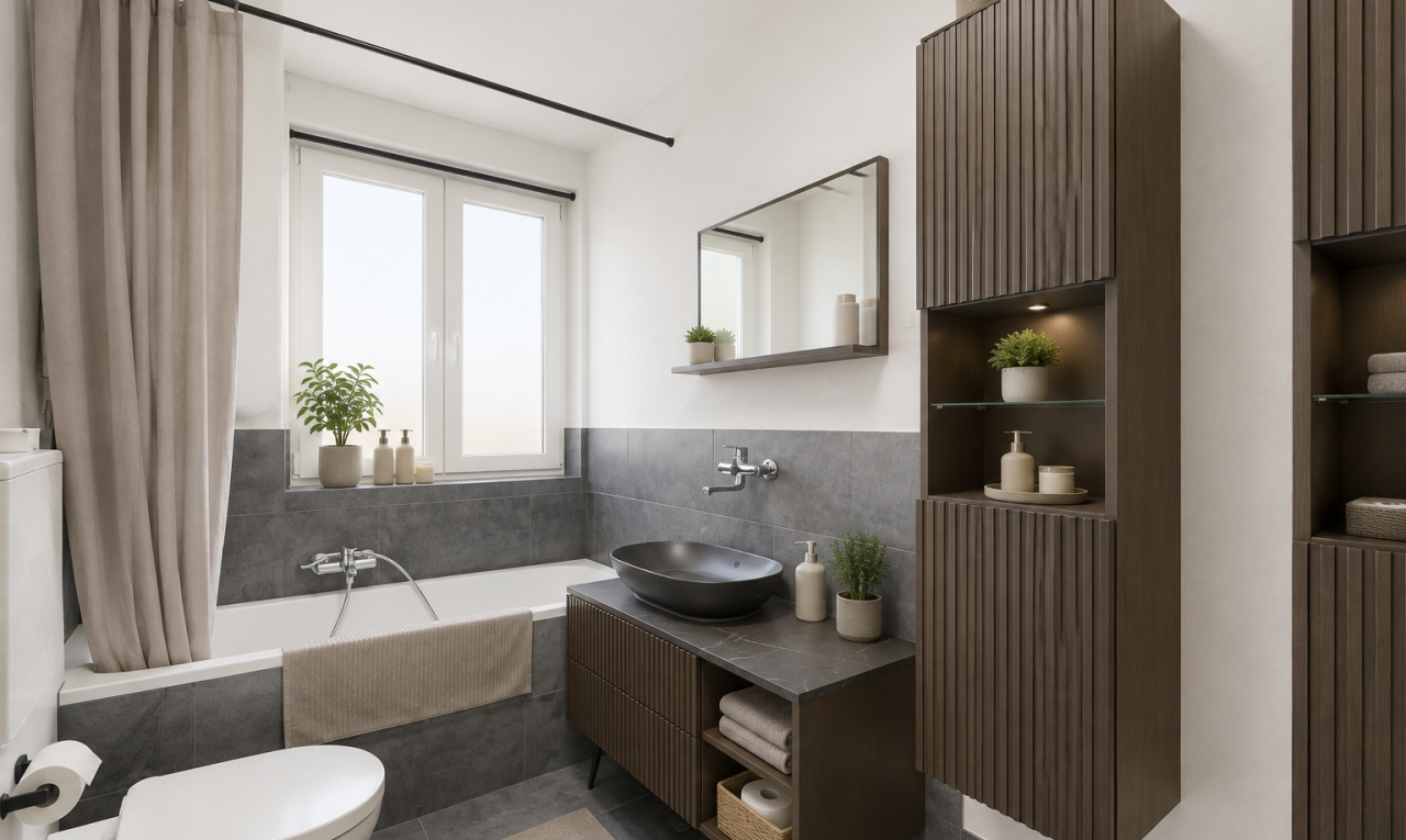 bad mit komplettes badezimmer, waschbecken, schminktisch, spiegel, und toilette