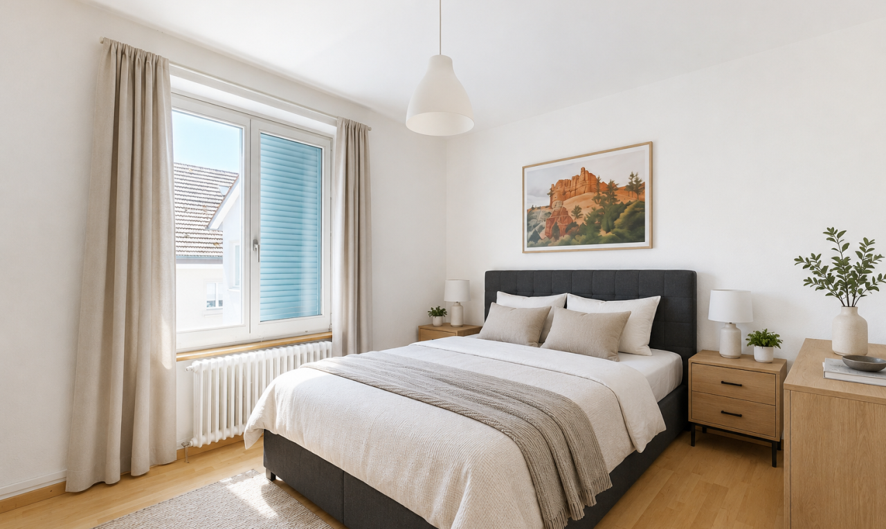 zimmer / schlafzimmer mit pendelleuchte, kühler, gipskartonwand, drywall, und holzfußboden