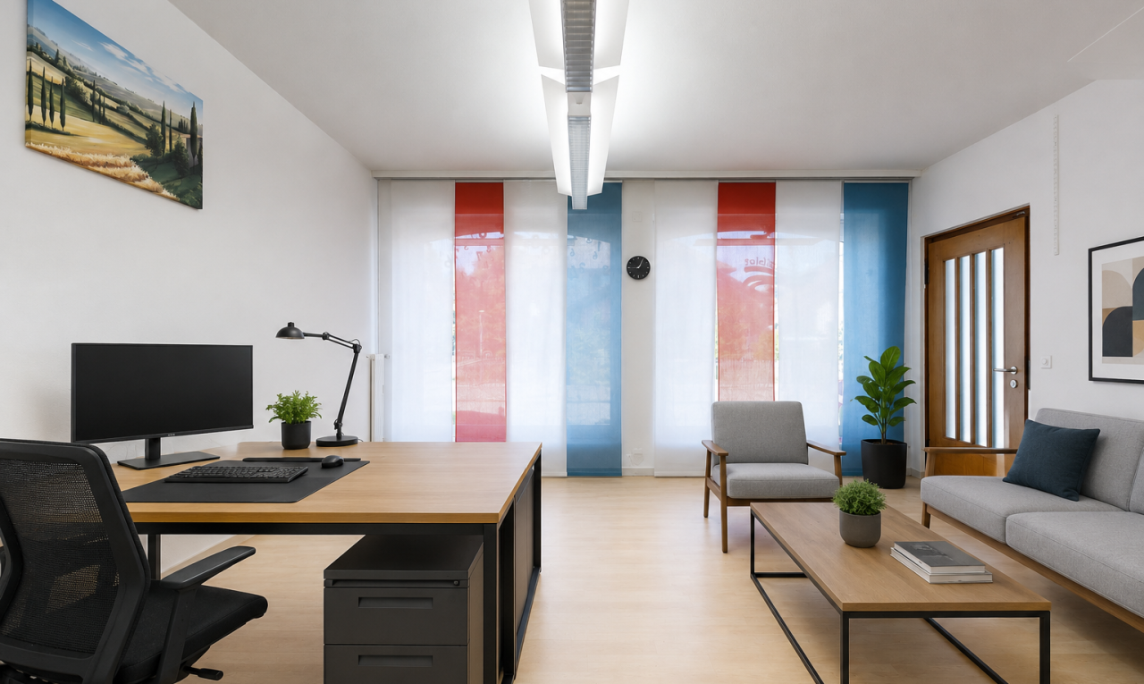 büro mit drywall, gipskartonwand, fernseher, virtually staged, und wood finish floor