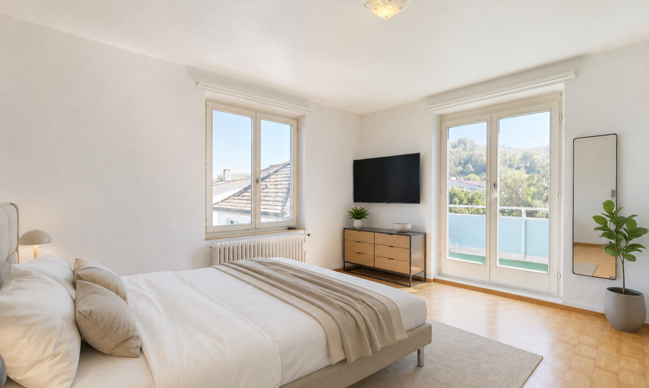zimmer / schlafzimmer mit außenzugang, fernseher, drywall, gipskartonwand, und kühler
