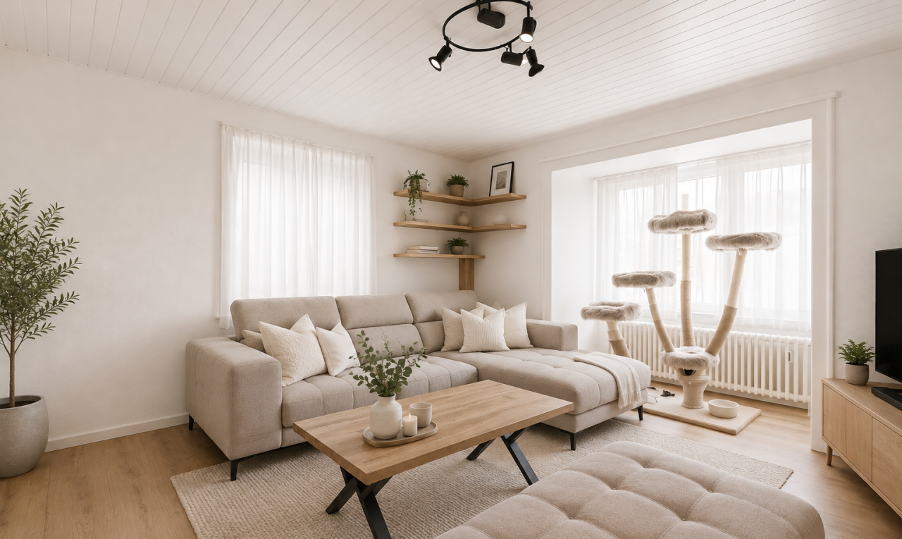 wohnzimmer mit gipskartonwand, drywall, holzfußboden, wood finish floor, und eingebaute regale