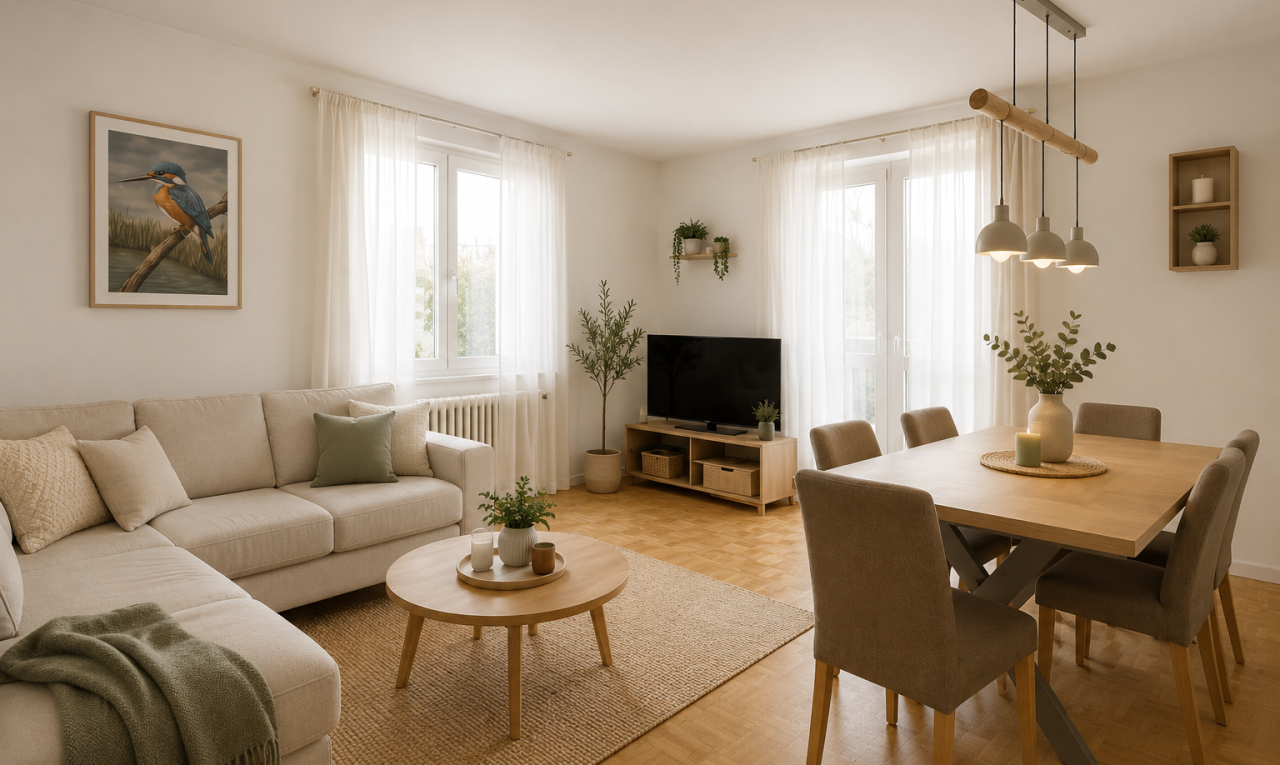 wohn- / esszimmer mit wood finish floor, holzfußboden, drywall, gipskartonwand, und fernseher