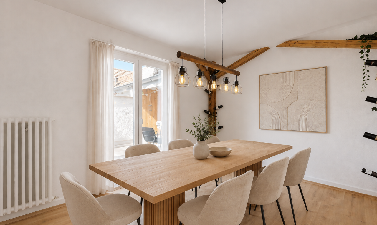 esszimmer mit kühler, holzfußboden, wood finish floor, gipskartonwand, und drywall