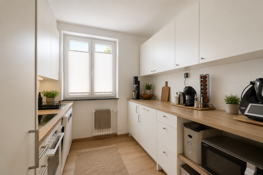 küche mit light countertops, mikrowelle, light floor, holzfußboden, und wood finish floor