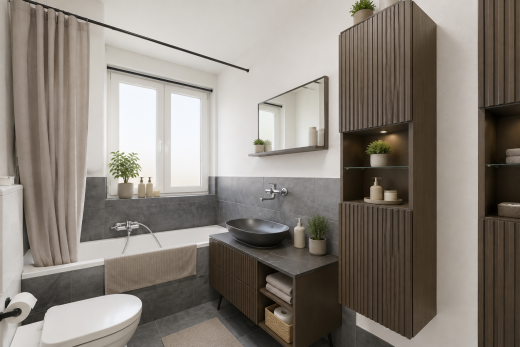 bad mit komplettes badezimmer, waschbecken, schminktisch, spiegel, und toilette