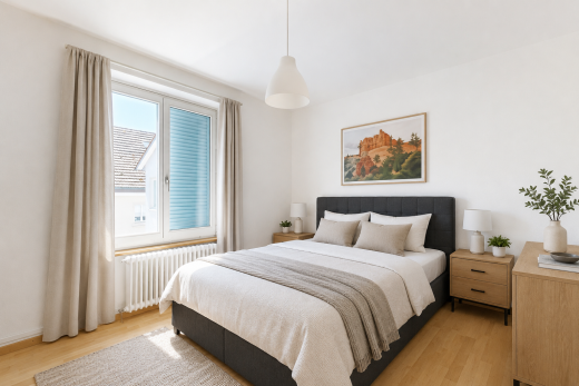 chambre avec éclairage suspendu, radiateur, cloison sèche, drywall, et sol en finition bois
