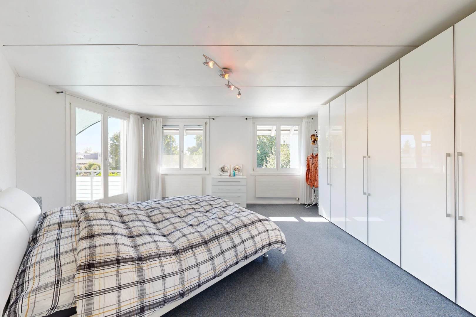 chambre avec éclairage sur rail, carpet, moquette, lumière naturelle, et inside property