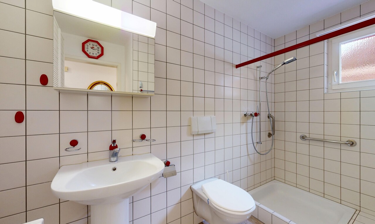 salle de bains avec salle de bain complète, toilette, miroir, inside property, et douche