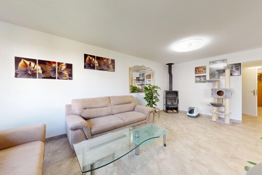 wohnzimmer mit holzofen, gipskartonwand, drywall, und inside property