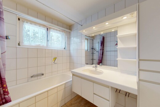 salle de bains avec salle de bain complète, lavabo (ou coiffeuse selon le contexte), lumière naturelle, natural light, et mur en carrelage