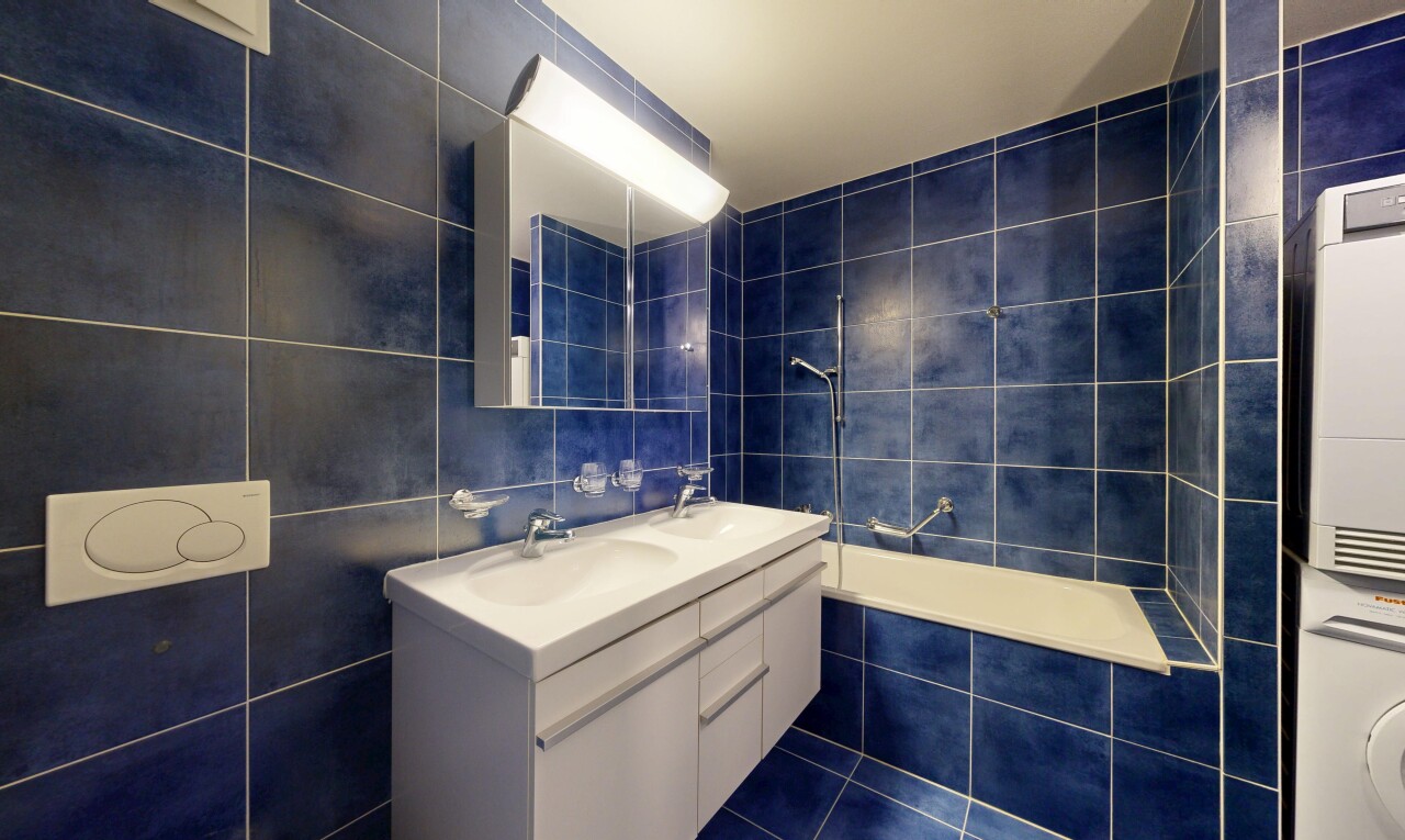 salle de bains avec miroir, salle de bain complète, mur en carrelage, tile wall, et double vasque