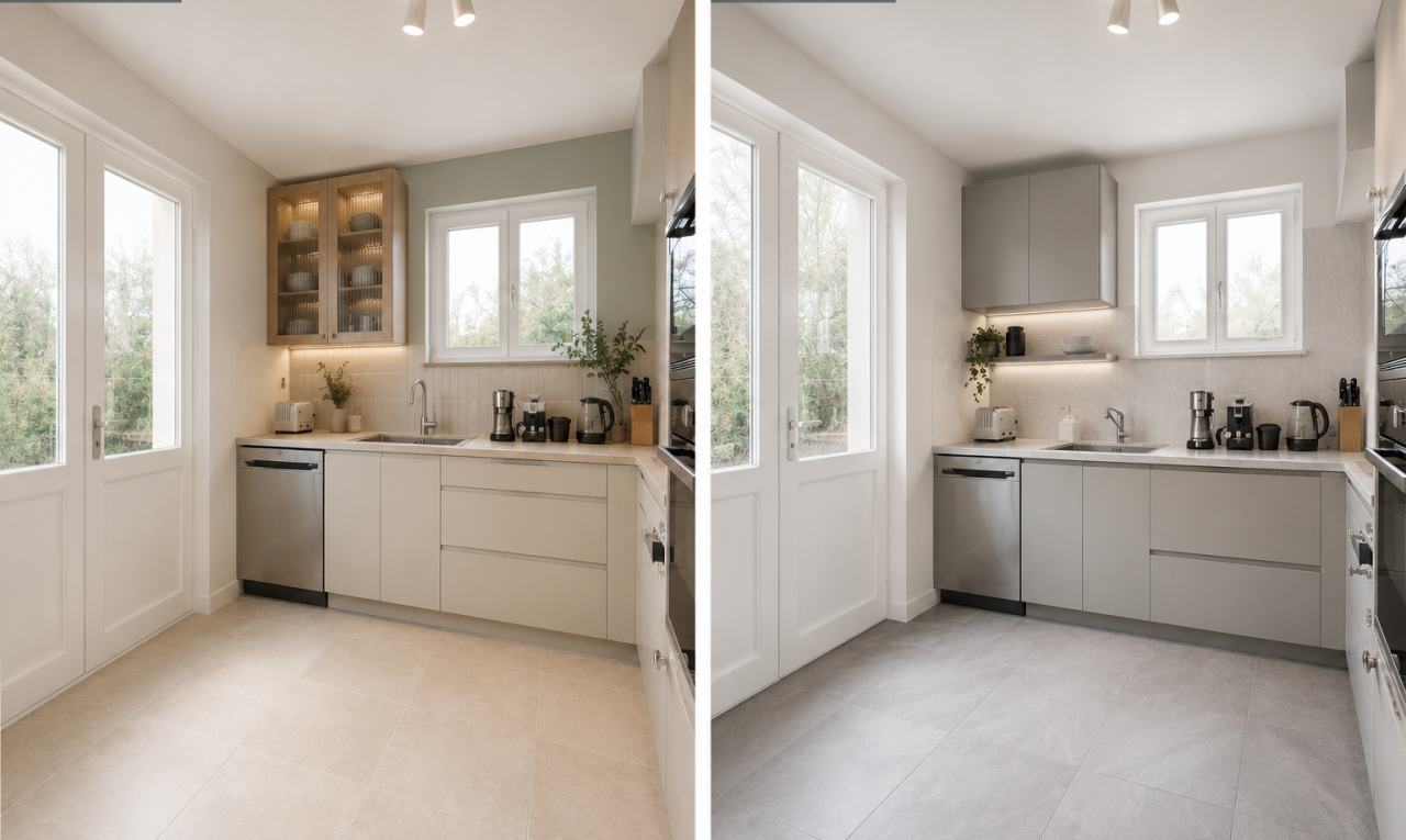 cuisine avec natural light, lumière naturelle, light countertops, plans de travail, et tile wall