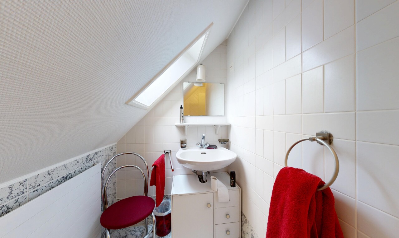 salle de bains avec puits de lumière, miroir, vaulted ceiling, plafond voûté, et toilette