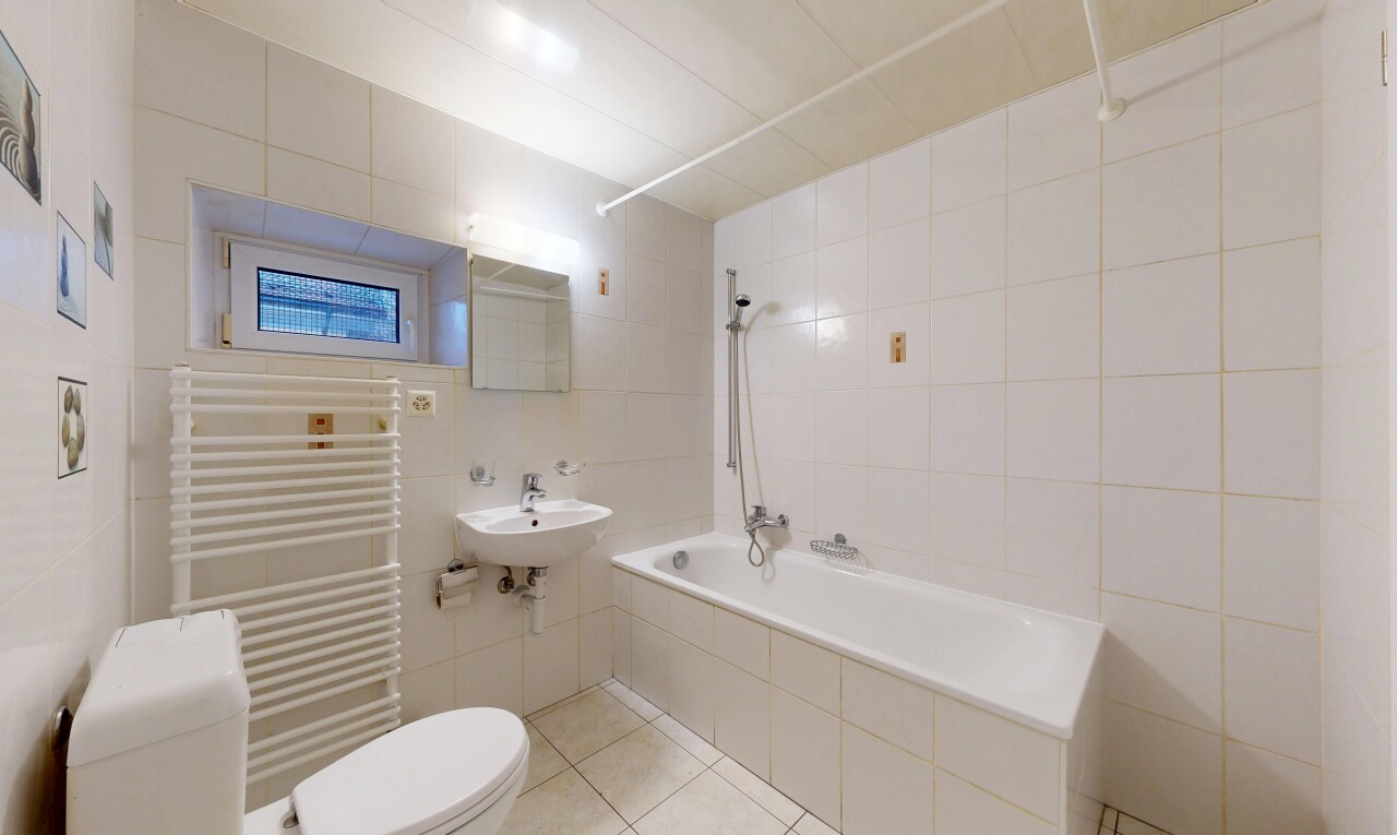 salle de bains avec mur en carrelage, tile wall, radiateur, salle de bain complète, et miroir