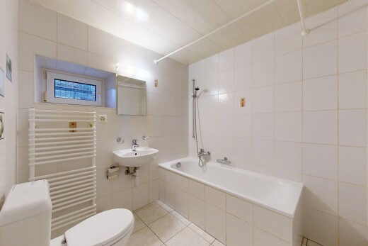 salle de bains avec mur en carrelage, tile wall, radiateur, salle de bain complète, et miroir