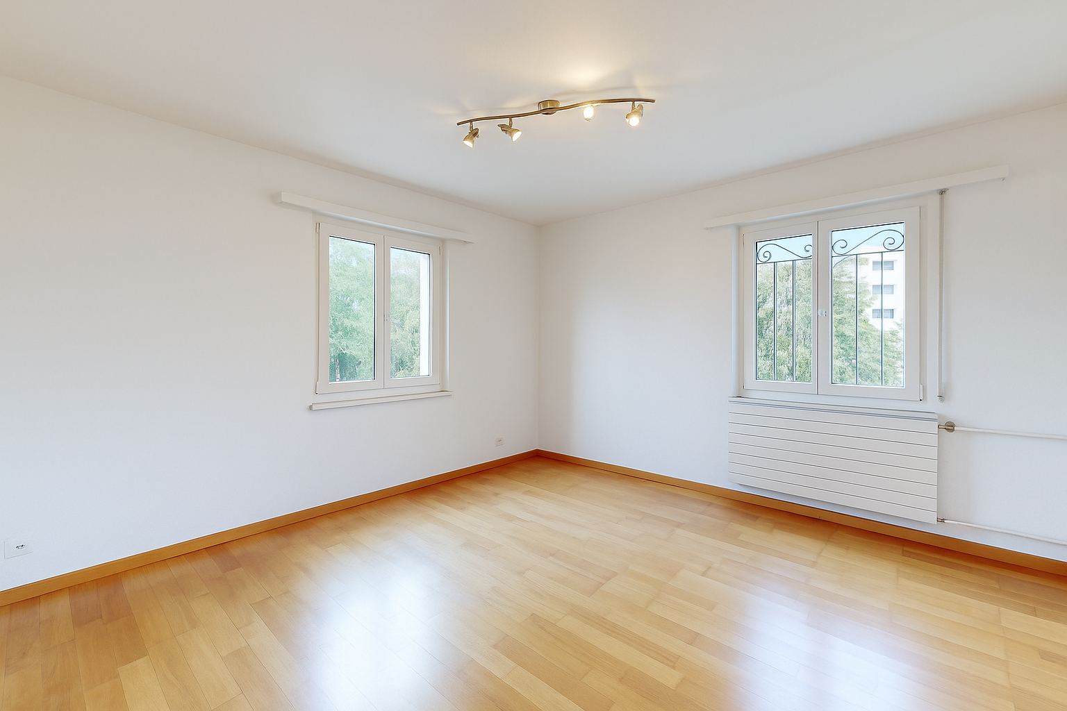 spare room with radiator heating unit and light wood finished floors