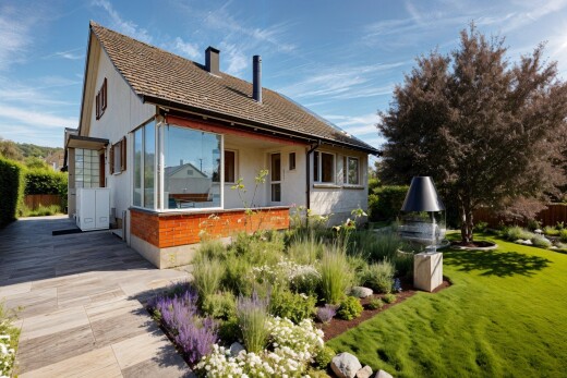 außenansicht mit ziegelverkleidung, day time, betonfundament, property visible, und schornstein