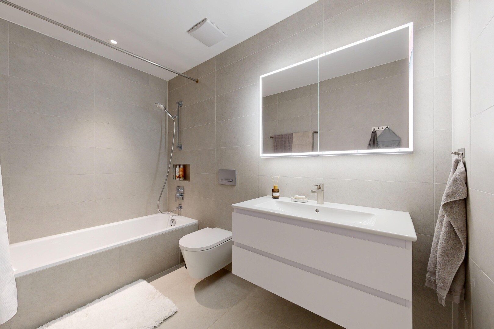 bad mit komplettes badezimmer, spiegel, tile wall, fliesenwand, und schminktisch