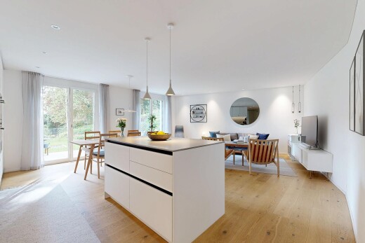 küche mit wood finish floor, holzfußboden, kitchen island, kücheninsel, und light floor