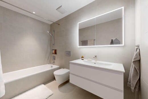 bad mit komplettes badezimmer, spiegel, tile wall, fliesenwand, und schminktisch