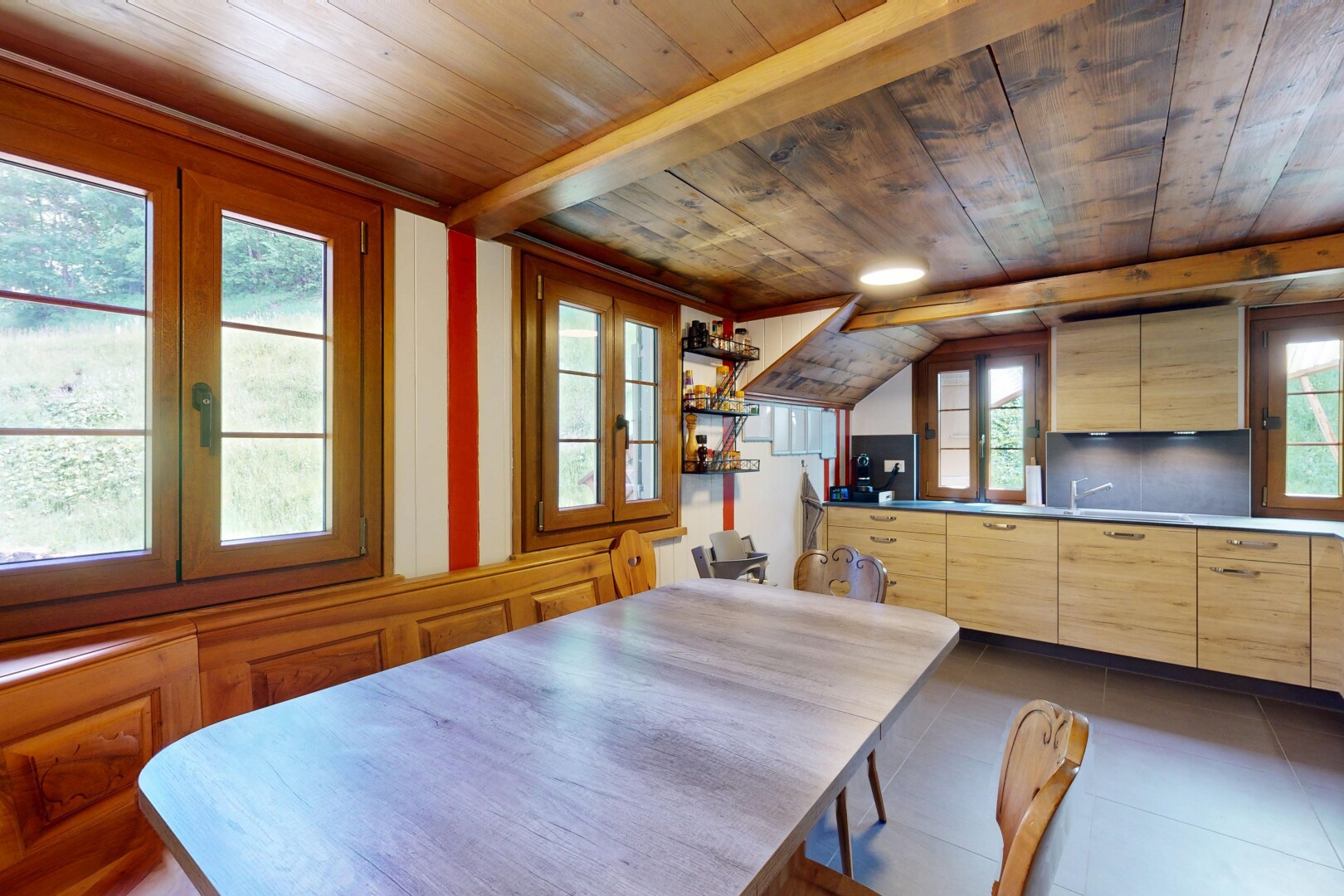 dining room with wooden ceiling and lofted ceiling