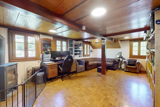 büro mit fernseher, holzdecke, wood ceiling, inside property, und natürliches licht