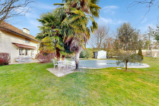 garden with a patio area, a yard, and a storage unit