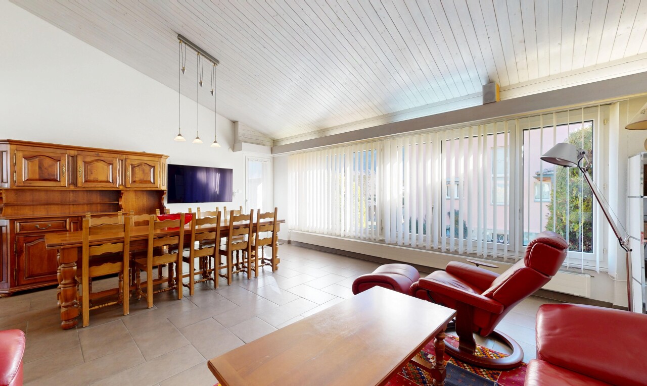 wohn- / esszimmer mit dachschräge, vaulted ceiling, holzdecke, wood ceiling, und fernseher