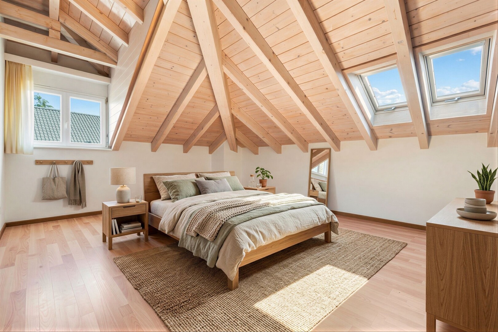 zimmer / schlafzimmer mit day time, inside property, balkendecke, beamed ceiling, und gipskartonwand