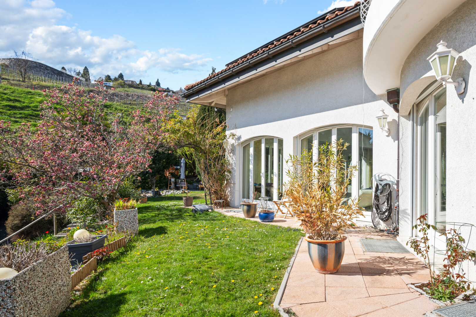 außenansicht mit rasen, terrasse, stuckverkleidung, day time, und from property