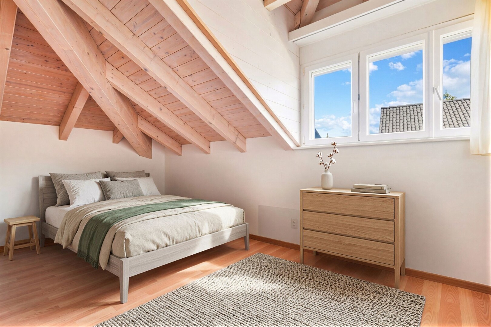 zimmer / schlafzimmer mit balkendecke, beamed ceiling, holzfußboden, wood finish floor, und holzdecke