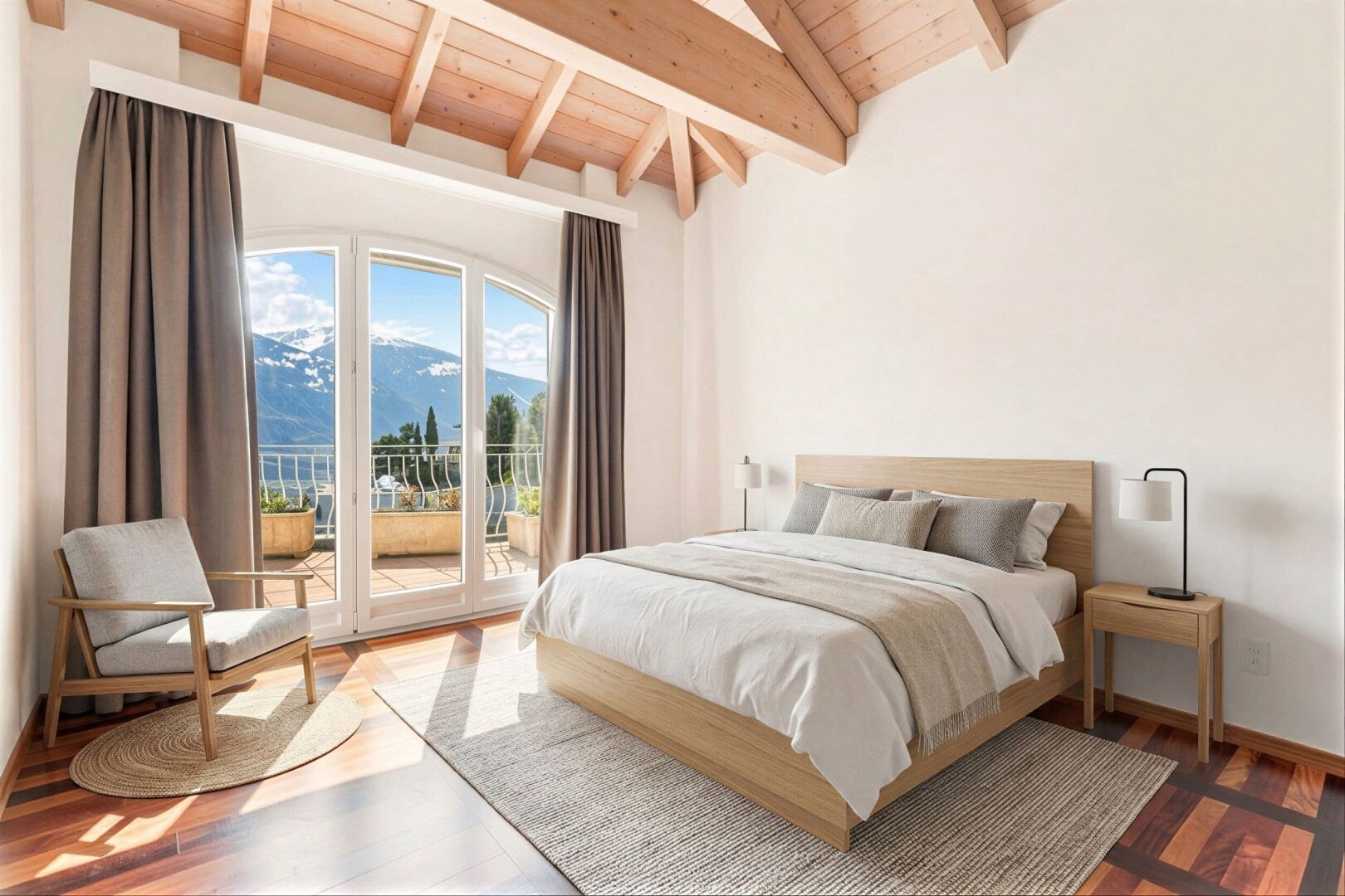 zimmer / schlafzimmer mit mountain view, blick auf die berge, day time, inside property, und beamed ceiling