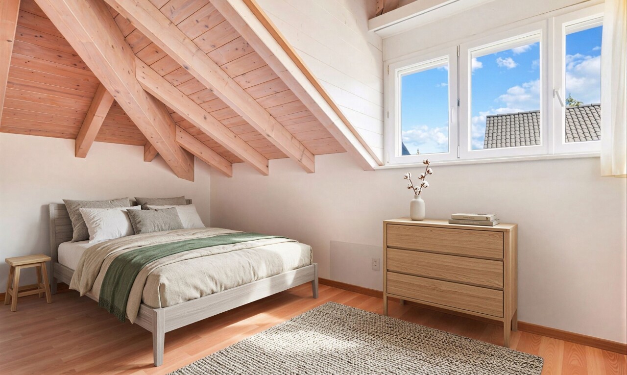 zimmer / schlafzimmer mit balkendecke, beamed ceiling, holzfußboden, wood finish floor, und holzdecke