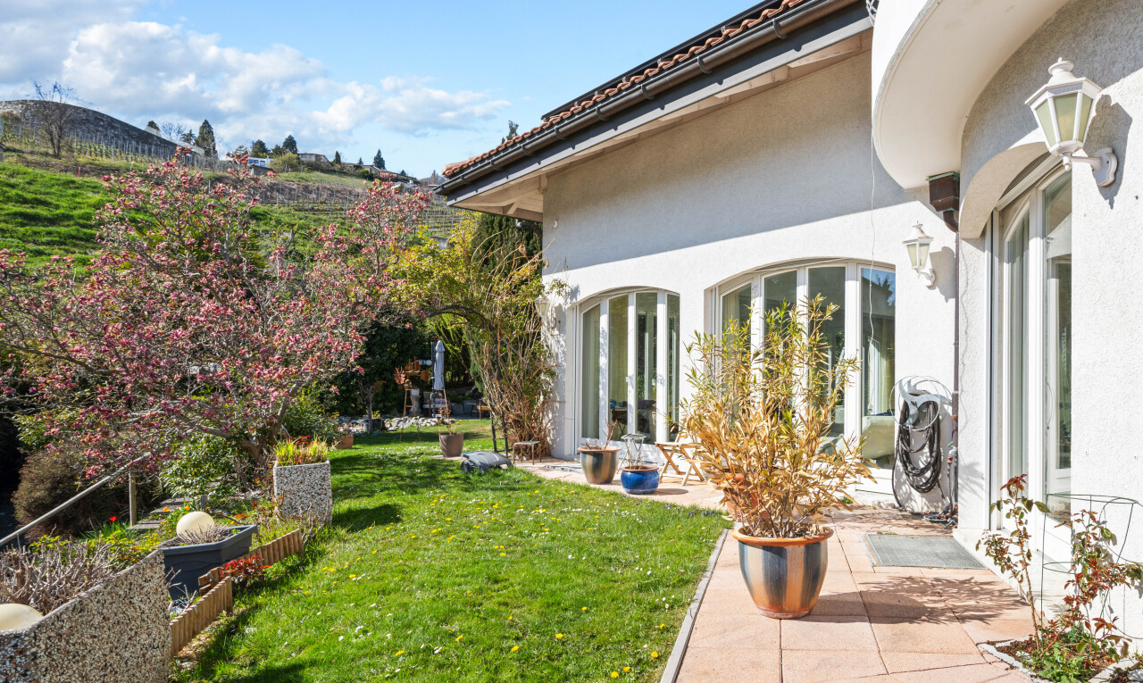 façade avec pelouse, terrasse, bardage en stuc, day time, et from property