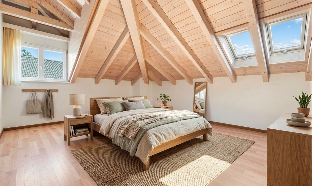 zimmer / schlafzimmer mit day time, inside property, balkendecke, beamed ceiling, und gipskartonwand