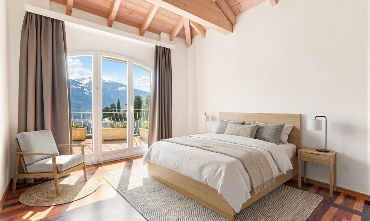 zimmer / schlafzimmer mit mountain view, blick auf die berge, day time, inside property, und beamed ceiling