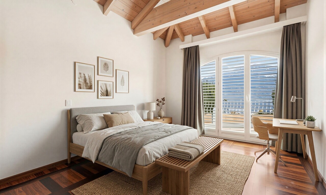 zimmer / schlafzimmer mit außenzugang, inside property, natürliches licht, natural light, und dachschräge