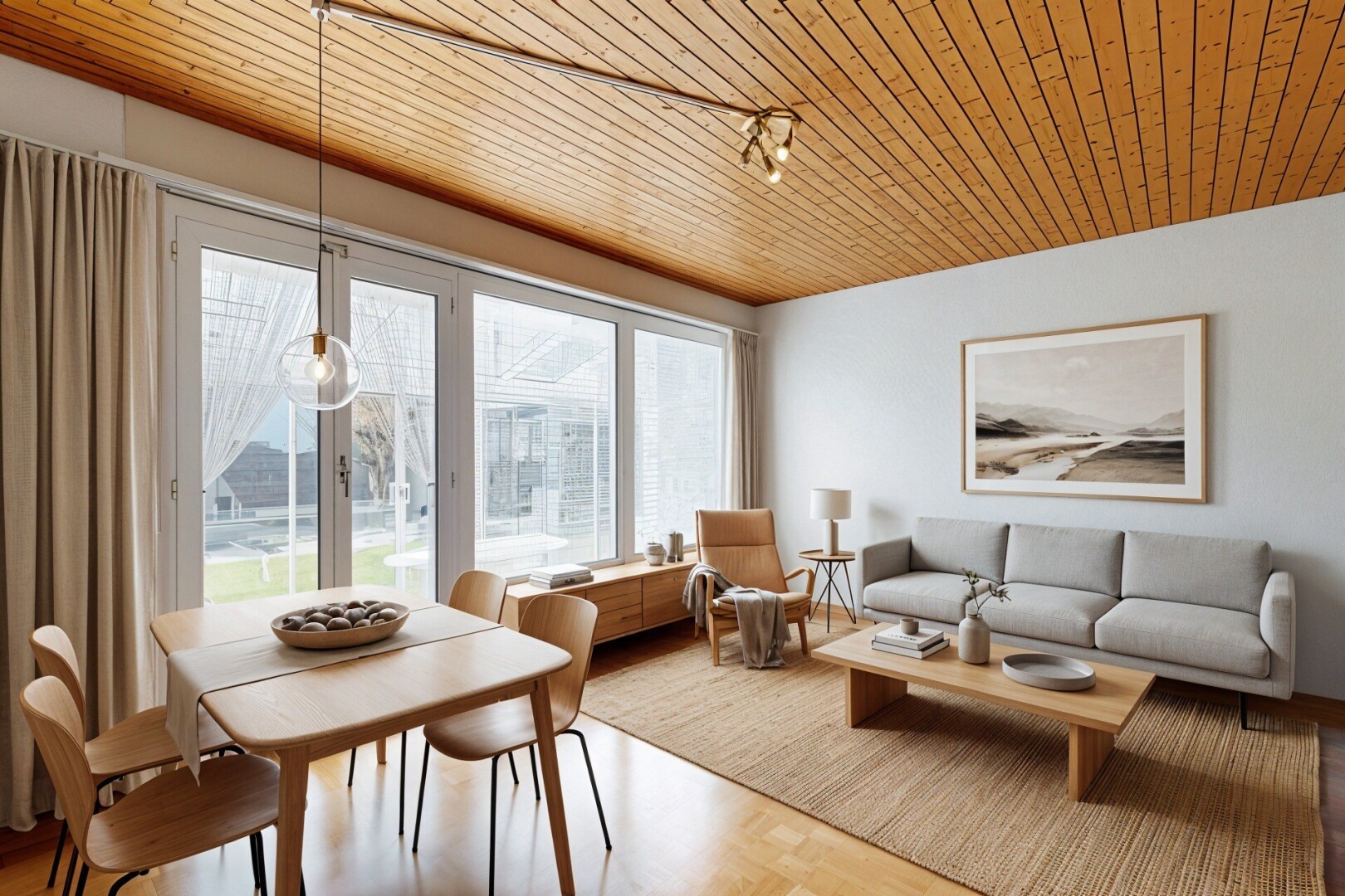 salon / salle à manger avec wood finish floor, sol en finition bois, inside property, natural light, et lumière naturelle