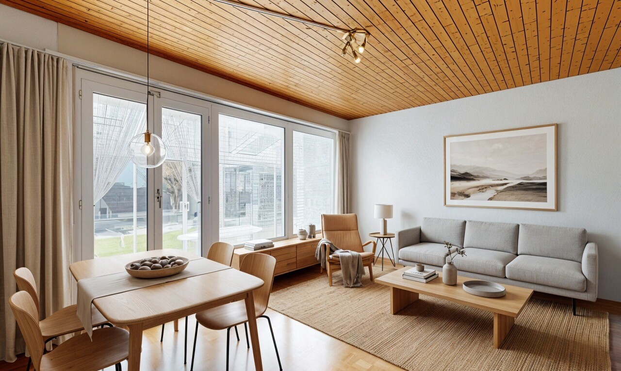 salon / salle à manger avec wood finish floor, sol en finition bois, inside property, natural light, et lumière naturelle