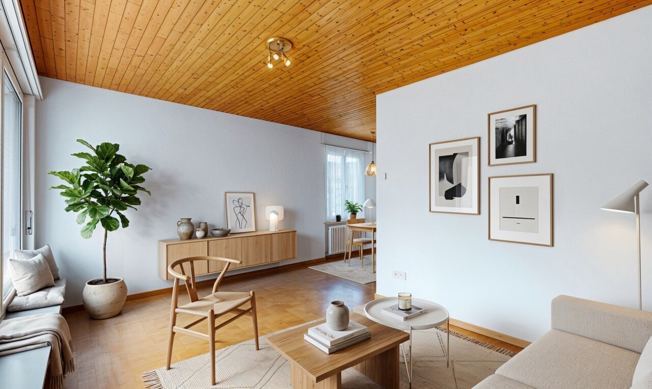 salon avec drywall, cloison sèche, inside property, virtually staged, et natural light