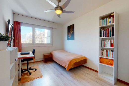 hartholzbodenschlafzimmer mit natürlichen licht und deckenventilator